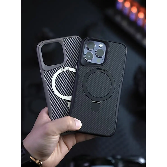Mua Ốp lưng cho iPhone 15 Pro Max, iPhone 15 Pro hiệu Likgus Fiber hỗ trợ  sạc không dây, kèm kệ chống lưng, vân carbon chống trơn trượt, chống sốc  cao cấp -