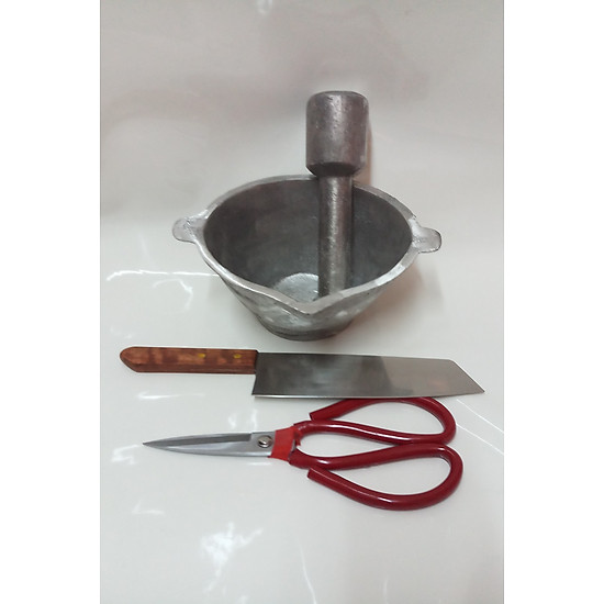 COMBO 1 CỐI GIÃ GANG DÀY 2 LỚP CHỐNG BỂ+1 CHÀY GANG DÀY 2 LỚP CHỐNG BỂ+1 DAO  INOX CAO CẤP+1 KÉO INOX ĐA NĂNG. | Tiki