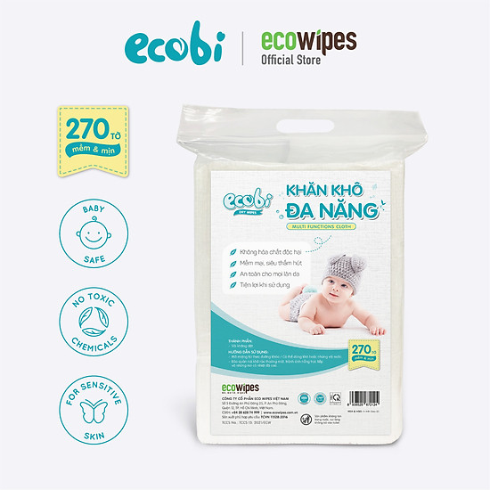 Khăn khô đa năng ecobi 270 tờ - dùng thay khăn sữa, an toàn cho trẻ sơ sinh - ảnh sản phẩm 1