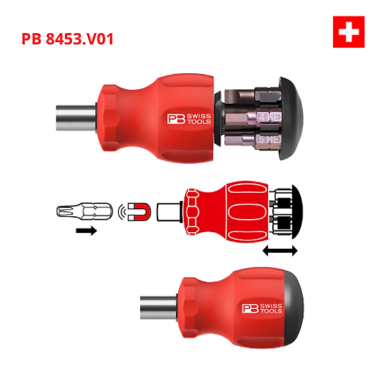 Tua vít lùn pb swiss tools 8453.v01 cn gồm 6 mũi bits gắn sẵn trong tay - ảnh sản phẩm 1