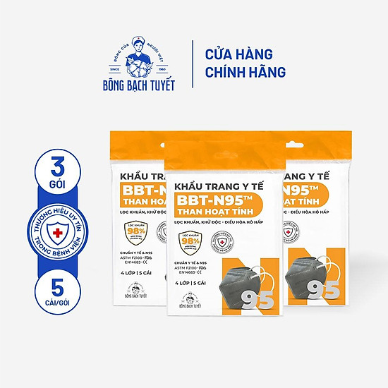 Combo 3 khẩu trang bông bạch tuyết n95 4 lớp than hoạt tính 5 cái gói - ảnh sản phẩm 1