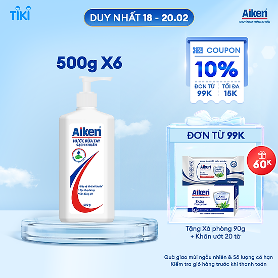 Combo 6 nước rửa tay xà phòng sạch khuẩn aiken 500g chai - ảnh sản phẩm 1