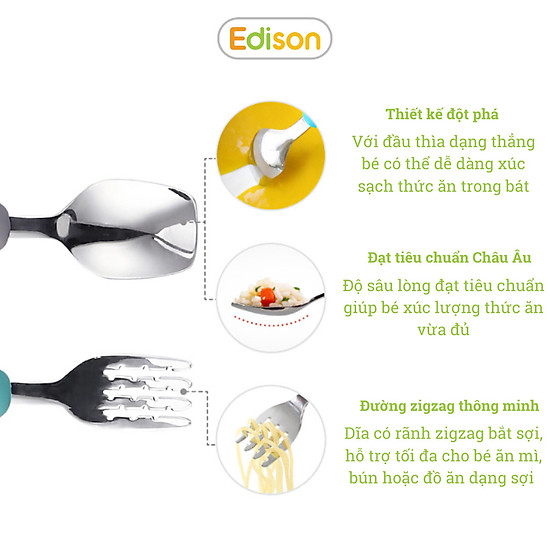 Bộ thìa dĩa cho bé tập ăn chất liệu inox bọc silicon edison hàn quốc dành - ảnh sản phẩm 3