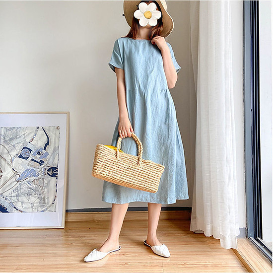 Mua Đầm linen suông nữ thiết kế cổ xẻ xếp li, tay lỡ phong cách thanh lịch  Đũi Việt - TRẮNG - L tại ĐŨI VIỆT Official | Tiki