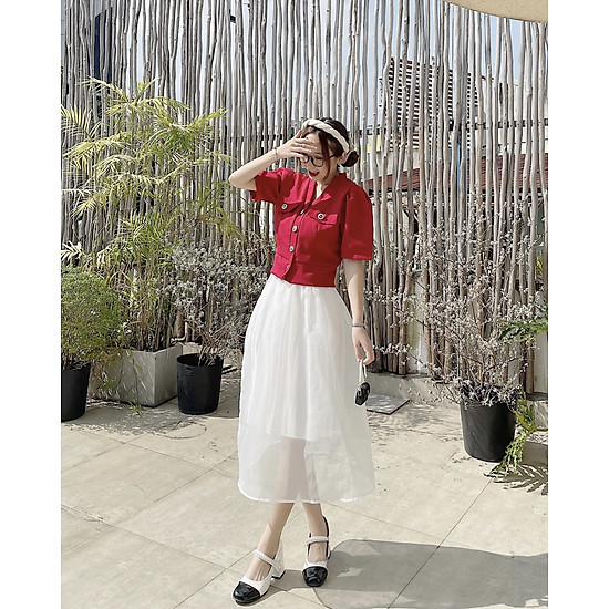 Set áo trắng + chân váy đỏ cao cấp | Shopee Việt Nam