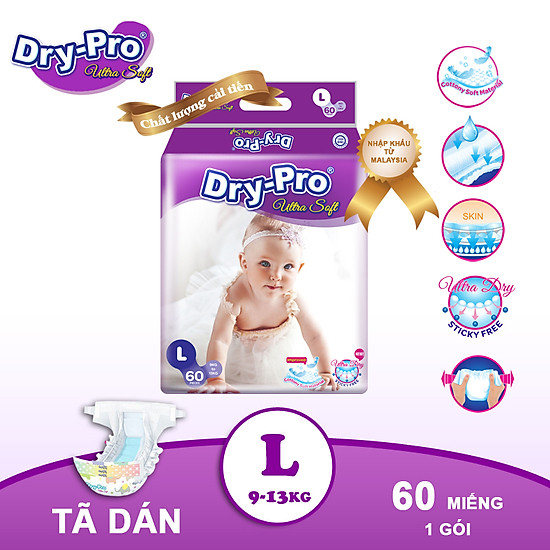 Tã bỉm dán dry-pro siêu mềm nhập khẩu malaysia size l60 9kg - 13kg - gói - ảnh sản phẩm 1