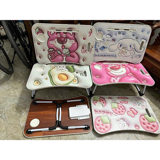 Bàn học gấp gọn cho bé, học sinh, Bàn gấp Gấu Dâu in hình 5D chất liệu gỗ  MDF. Bàn học decor trang trí gấp gọn ngồi bệt -HÀNG CHÍNH HÃNG MINIIN