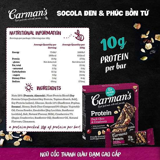 Thanh giàu đạm carman s protein bar dark choc, cranberry - 200g - ảnh sản phẩm 8