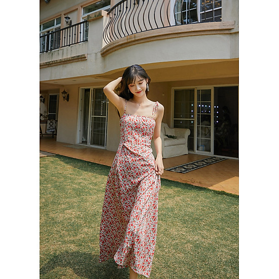 Mua Đầm maxi xẻ tà dàng dài, họa tiết hoa nhí màu đẹp, chất voan tơ cao  cấp, váy 2 kiểu mặc: 2 dây và vai trần | MX056 - M tại monkibaby | Tiki