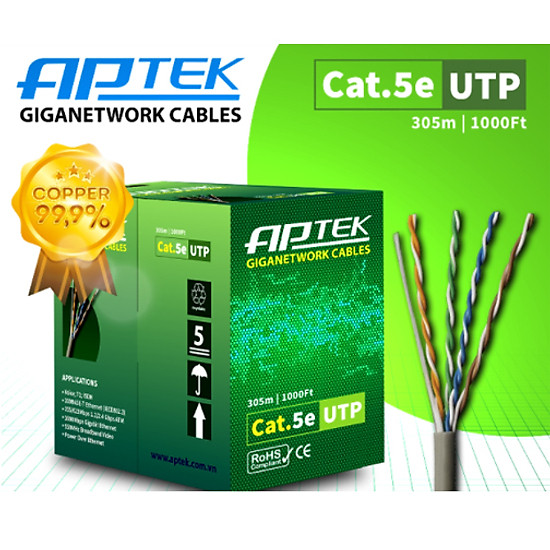 Cáp mạng aptek cat5e utp copper 24awg, vỏ nhựa pvc - hàng chính hãng - ảnh sản phẩm 3