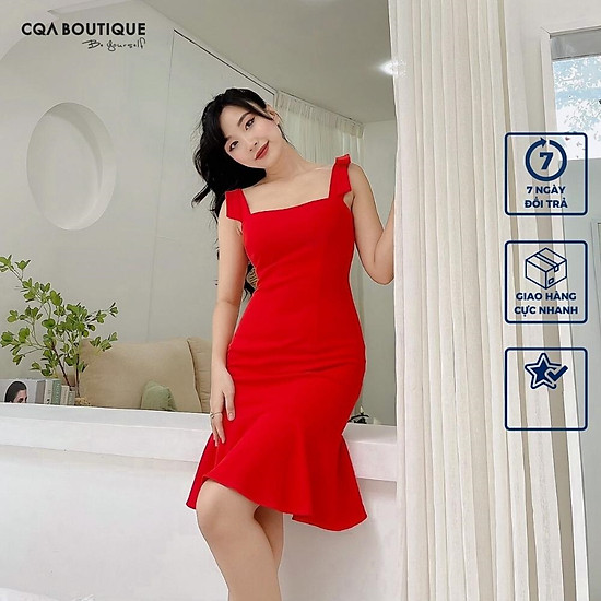 Đầm dạ hội bút chì cúp ngực cqa dây nơ nữ tính màu đỏ cam chất liệu - ảnh sản phẩm 1