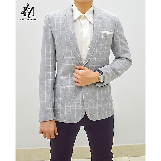 Bộ Vest Nam Xanh Kẻ Caro Trắng