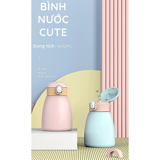 Bình nước giữ nhiệt cute, chất liệu inox 304 cao cấp, dung tích 600ml, thiết kế dễ thương, tiện dụng, có nút ấn mở nắp và dây đeo tiện lợi 4