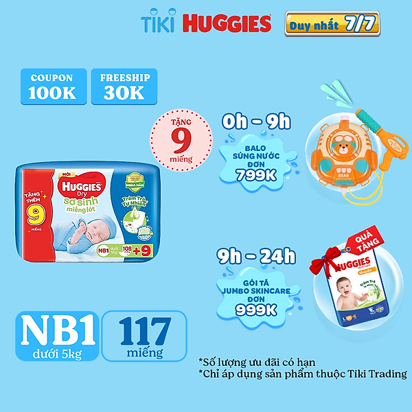 Miếng lót sơ sinh NB1 HUGGIES DRY 108 miếng + 9 miếng