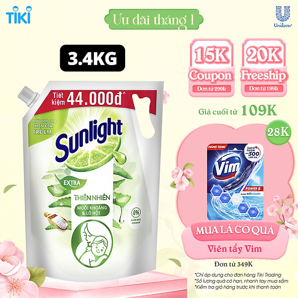Nước Rửa Chén Bát Sunlight Thiên Nhiên Muối Khoáng & Lô Hội - Túi 3.4KG
