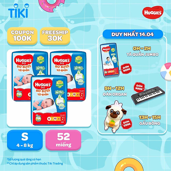 Combo 3 gói Tã quần Huggies Dry cỡ S mới (4kg-8kg) - Gói 46 miếng Tràm Trà + Tặng 6 miếng