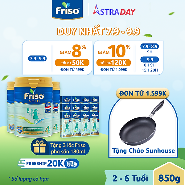 Combo 3 Lon Sữa Bột Friso Gold 4 850G Dành Cho Trẻ Từ 2 – 6 Tuổi + Tặng 3 Lốc Rdt 180Ml