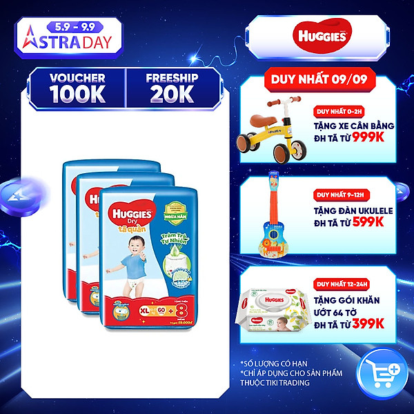 Combo 3 Gói Tã Quần Huggies Dry Tràm Trà Tự Nhiên Gói Cực Đại Xl60 (60 Miếng)