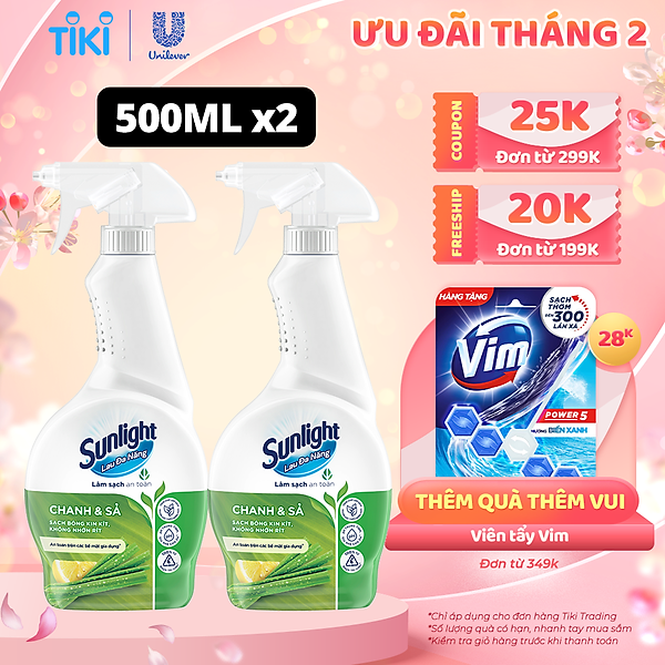Combo 2 Nước lau đa năng Sunlight Chanh & Sả | Phiên bản nâng cấp từ Cif | Sạch bóng kin kít, không nhờn rít | Chai 500ml