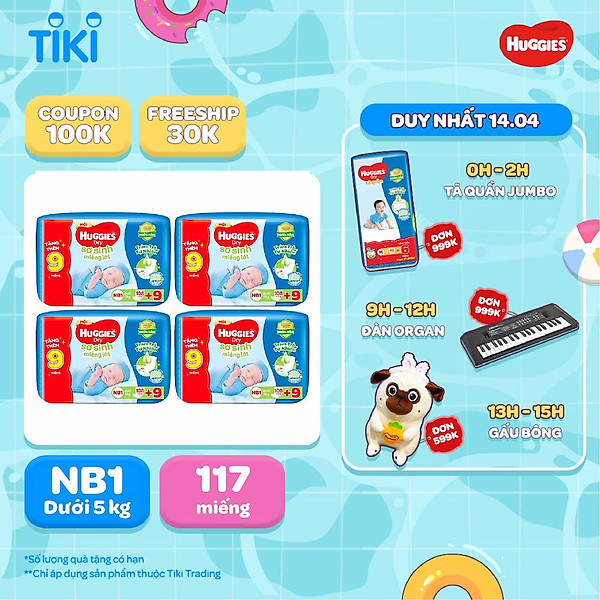 Combo 4 gói miếng lót sơ sinh NB1 HUGGIES DRY 108 miếng + 9 miếng