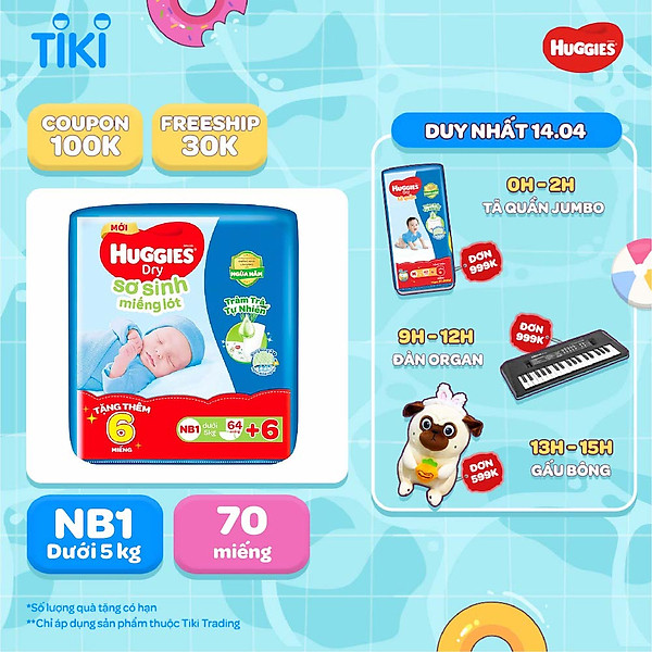 Miếng lót sơ sinh NB1 HUGGIES DRY 64 miếng + 6 miếng cùng loại