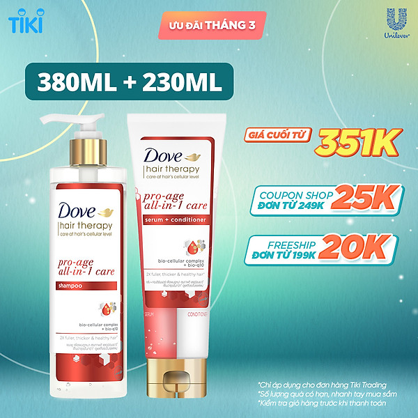 Combo Dầu gội và Kem Xả Serum 2 trong 1 Dove Pro-age Tóc phồng dày và Ngăn lão hóa 380ml, 230 ml