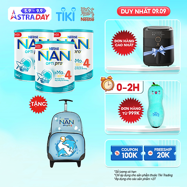 Combo 3 Lon Nan Optipro 4 900G + Tặng Balo Kéo Cá Heo Màu Ngẫu Nhiên