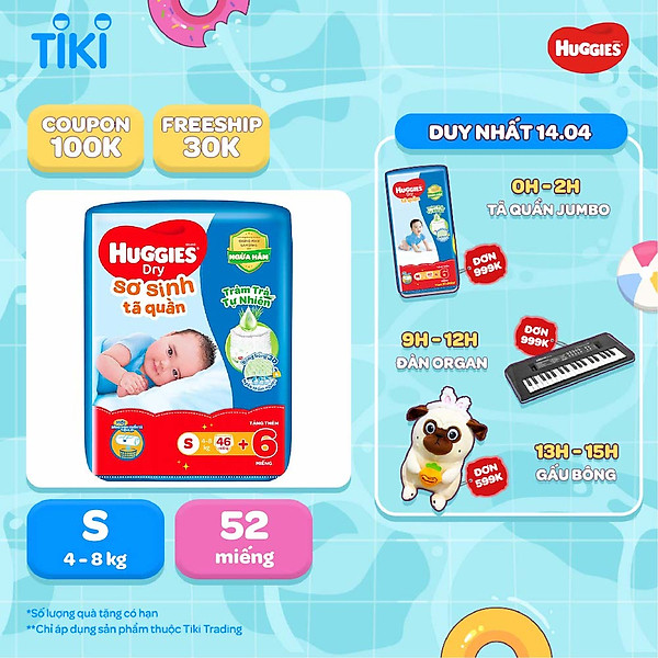 Tã quần Huggies Dry cỡ S mới (4kg-8kg) - Gói 46 miếng Tràm Trà + Tặng 6 miếng