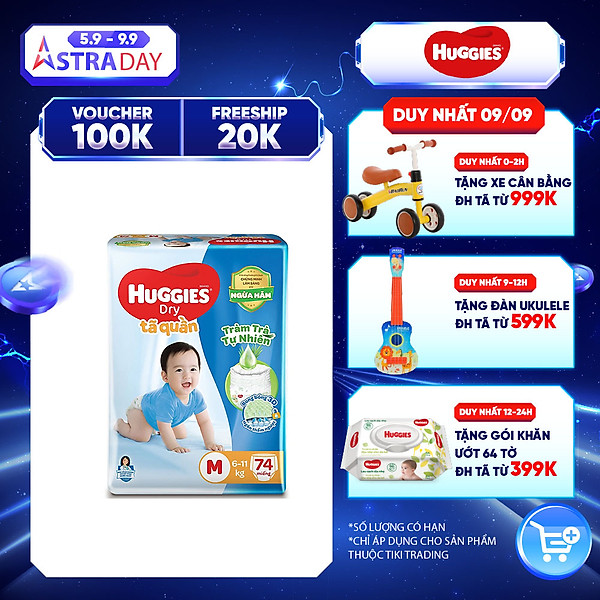 Tã Quần Huggies Dry Tràm Trà Tự Nhiên Gói Cực Đại M74 (74 Miếng)
