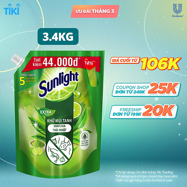 Nước Rửa Chén Bát Sunlight Trà Xanh Nhật Bản - Túi 3.4KG