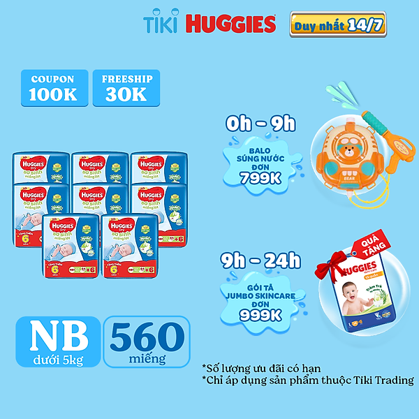 Combo 8 gói Miếng lót sơ sinh NB1 HUGGIES DRY 64 miếng + 6 miếng cùng loại