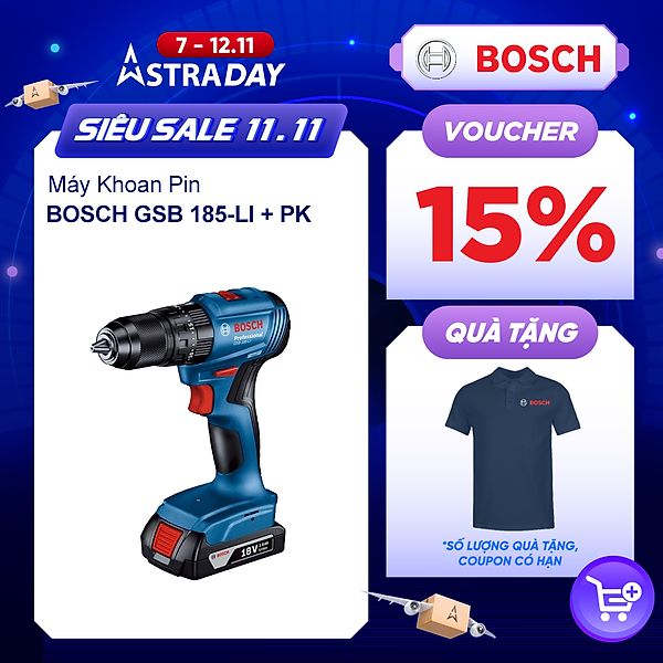 Máy khoan động lực dùng pin Bosch GSB 185-li và phụ kiện