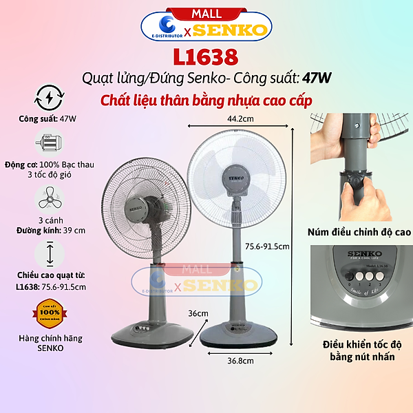 Quạt Đứng Cao Cấp 47W Senko DH1600 (Có chế độ hẹn giờ) - Quạt L1638 (Thân nhựa) - Quạt LS1630 (Thân Sắt) - Hàng chính hãng - Bảo Hành 24 Tháng