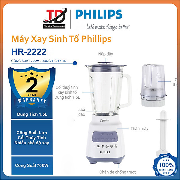 Máy Xay Sinh Tố Philips HR2222 - 1.5L Cối Thủy Tinh - Công Suất 700W - Hàng Chính Hãng