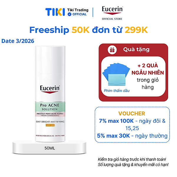 Kem dưỡng giảm mụn & chống nắng Eucerin Day Bright Mattifying SPF30 50ml