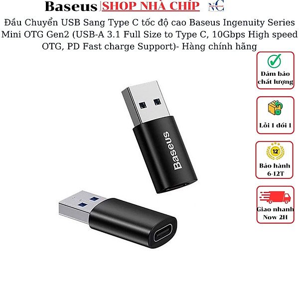 Đầu Chuyển USB Sang Type C tốc độ cao Baseus Ingenuity Series Mini OTG Gen2 (USB-A 3.1 Full Size to Type C, 10Gbps High speed OTG, PD Fast charge Support)- Hàng chính hãng