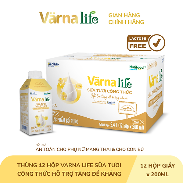 Thùng Thực phẩm bổ sung Värna Life sữa tươi công thức (Vàng) (12 hộp x 200ml)