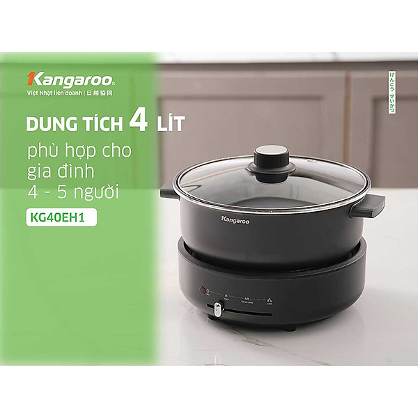 Lẩu điện Kangaroo KG40EH1, dung tích 4L, công suất 1300W, cấu trúc đĩa truyền nhiệt giúp truyền nhiệt nhanh và đều, an toàn tự ngắt khi quá nhiệt - Hàng chính hãng