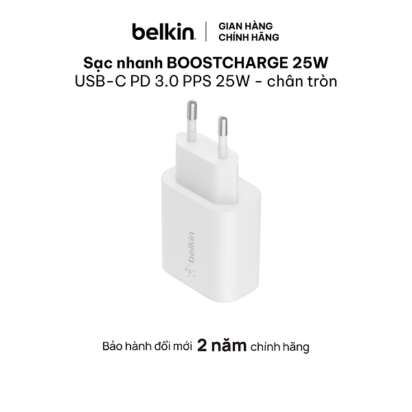 Adapter sạc nhanh 25W USB-C PD (PPS) Belkin - Hàng Chính Hãng - WCA004dqWH