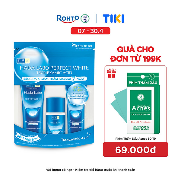 Bộ travel size dưỡng trắng Hada Labo Perfect White Tranexamic Acid Travel Set (Kem rửa mặt 15g+Dung dịch dưỡng 20ml+Kem dưỡng 12g)