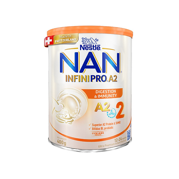 Sữa bột NAN INFINIPRO A2 Thụy Sĩ 2 400g, công thức đầu tiên kết hợp đạm A2 và 5HMO