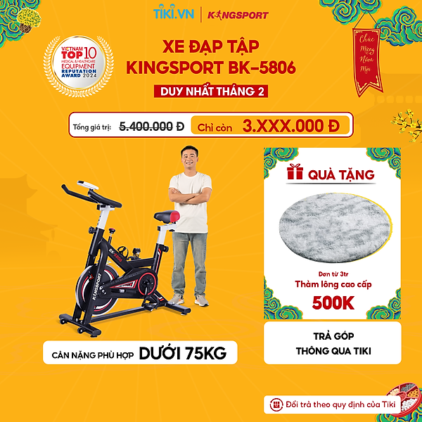 Xe đạp tập thể dục tại nhà Kingsport BK-5806 tải trọng tối đa 150kg, tích hợp đồng hồ thông minh đo nhịp tim và các thông số khi tập luyện, cân nặng phù hợp từ dưới 70-75kg