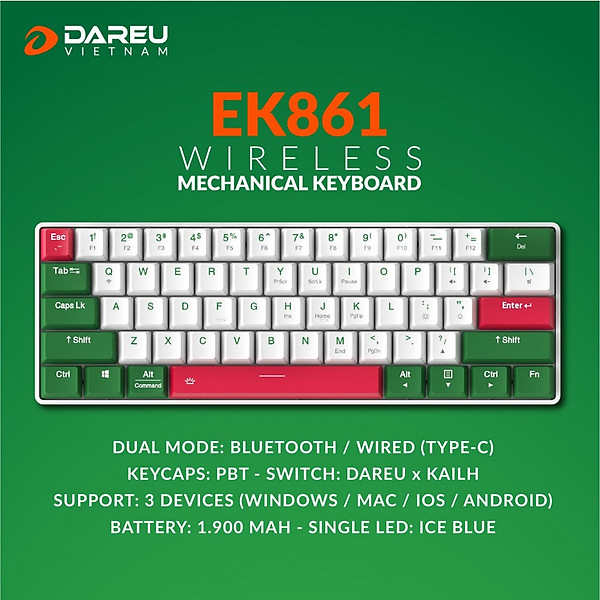 Bàn phím cơ không dây DAREU EK861 61KEY (PBT, Blue/ Brown/ Red D-KAILH switch) – Hàng chính hãng