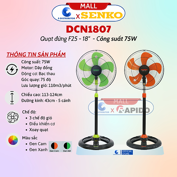 Quạt Đứng Công Nghiệp Senko DCN1809 (Lồng Quạt Mạ Crom) - Quạt Đứng DCN1807 - Hàng Chính Hãng - Bảo Hành 24 Tháng