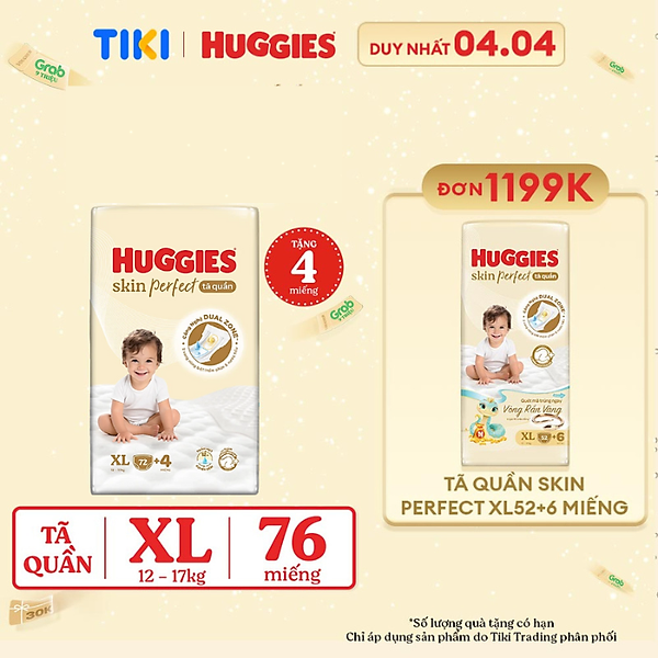 Tã quần Huggies Skin Perfect Mega Jumbo XL72+4 miếng với 2 vùng thấm giảm kích ứng da