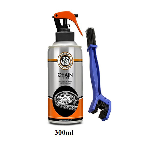 Combo chai xịt bảo dưỡng sên xích, sên phốt cao su Megacools Chain Lube và bàn chải vê sinh sên 3D cao cấp