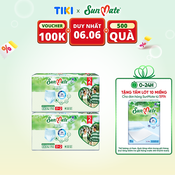 Combo 2 Tã quần SunMate siêu mềm mại G1 mới size L-16+2 miếng