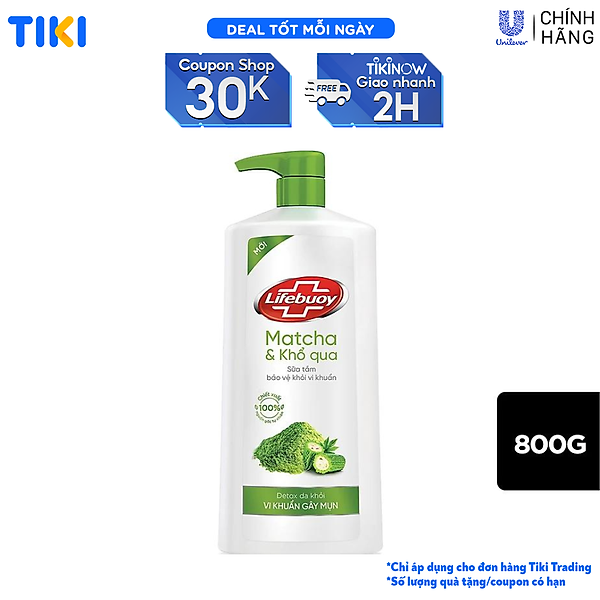 Sữa Tắm Lifebuoy Detox Và Sạch Sâu Khỏi Bụi Mịn Pm2.5 Detox Bảo Vệ Khỏi Vi Khuẩn Gây Mụn Cơ Thể Matcha & Khổ Qua Chai 800G