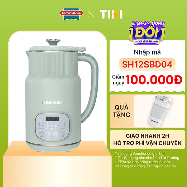 Máy Làm Sữa Hạt Đa Năng Sunhouse SHD5260 – 800ml Cối 2 lớp Lưỡi dao kép 8 cánh, Hẹn giờ nấu thông minh - Hàng chính hãng