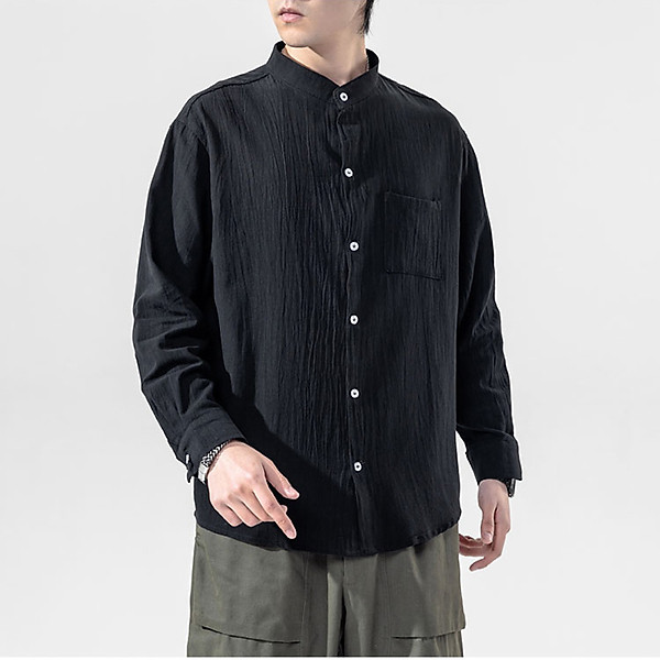 Áo sơ mi đũi nam cổ tầu dài tay form rộng LAHstore, chất đũi mềm mát, thời trang xuân hè 2021